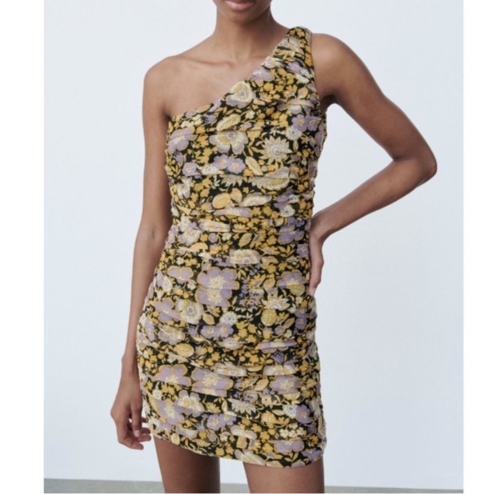 Zara Floral One Shoulder Mini Dress purple gold floral size small - Picture 3 of 12